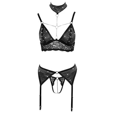 Abbildung von 3 teiliges Set mit Spitze, Strassbesatz und Ring &amp; Kettchen Details