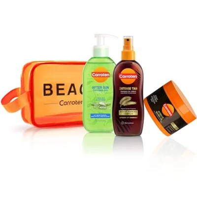Abbildung von Carroten 3er Sonnenpflege Bundle Bräunungsset aus Intensive Tanning Gel 150 ml, Oil mit Kokosnussöle 200 ml und After Sun Cooling inkl. praktischer Kosmetiktasche
