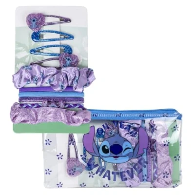 Abbildung von STITCH Beauty Set enthält 2 Haargummis aus Stoff, 4 Haargummis, Haarnadeln und Kulturbeutel, ideal, um Ihre Kleinen zu überraschen. Design inspiriert Originalprodukt, entworfen in