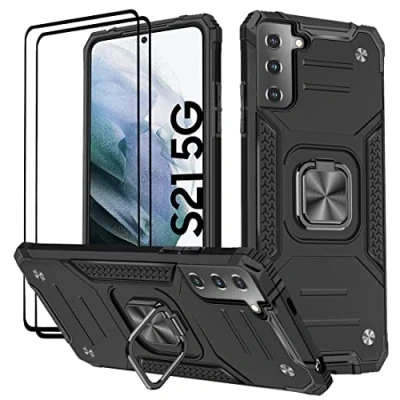 Abbildung von KANSi Hülle kompatibel für Samsung Galaxy S21 5G, Schutzfolie [2 Stück] Silikon TPU Hart PC Handy Hüllen 360 Grad Drehbar Ringhalter Bumper Stoßdämpfung Schutzhülle 5G Schwarz