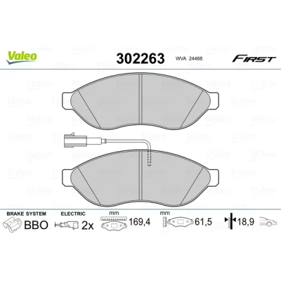 Abbildung von VALEO 302263 Bremsbelagsatz Vorderachse inkl. Verschleißwarnkontakt mit Anti Quietsch Blech PEUGEOT: Boxer Kastenwagen, Pritsche/Fahrgestell