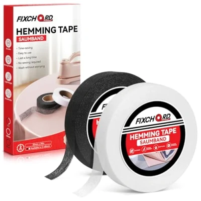 Abbildung von FIXCHORD Saumband, 2PCS Saumband zum Aufbügeln, Bügelband kürzen für Vorhänge, Bügelkleber Textilien, Gardinen ohne Nähen, Schwarz und Weiß 30m*20mm