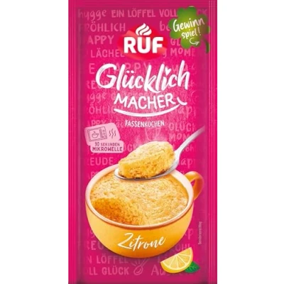 Abbildung von RUF Glücklichmacher Tassenkuchen Zitrone, spritzig fruchtiger Zitronenkuchen in 90 Sekunden, einfach mit Milch anrühren &amp; genießen, saftig erfrischend, 1 Portion