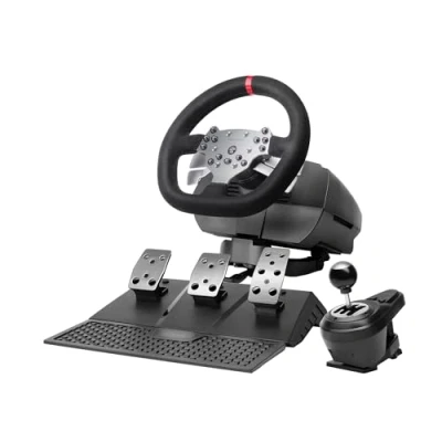 Abbildung von MARS GAMING MWH RSX, SimRacing Lenkrad mit Force Feedback und Doppelmotor, 3 Pedal Set progressivem Widerstand, H Schaltung 12 Gängen, 14 anpassbare Tasten, Multiplattform