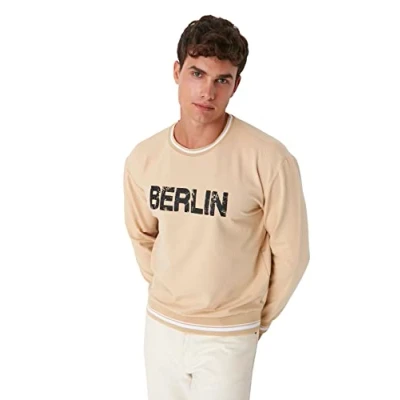 Abbildung von Trendyol Herren Relaxed Rundhalsausschnitt und Slogan Sweatshirt, beige, XS