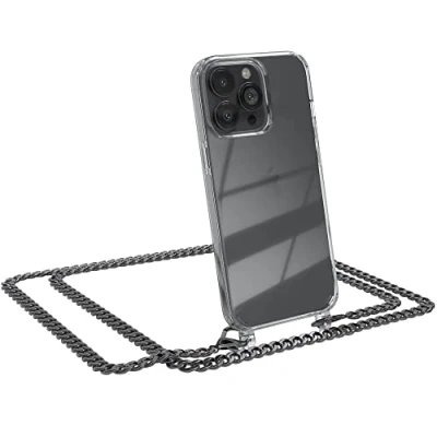 Abbildung von EAZY CASE Handykette kompatibel mit iPhone 13 Pro Handyhülle Metal Umhängeband und Ersatz Kordel schwarz, Handykordel Schutzhülle, Stylische Kette, Anthrazit
