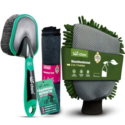 Abbildung von bio chem Fahrradzubehör Set 3 teilig Bürste, Mikrofaser Waschhandschuh &amp; Tuch für Fahrradpflege Reinigung lackschonend effizient ideal MTB, E Bike, Citybike, Rennrad