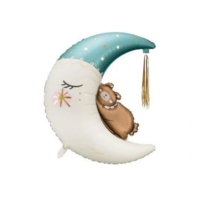 Abbildung von PartyDeco Folienballon Mond mit Bär 71x86cm XXL Ballon für Helium oder Luft Teddybär auf dem Mond, 98 cm Folienluftballon als Geburtstagsdeko Weiß Blau