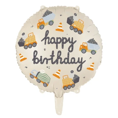 Abbildung von Folienballon Happy Birthday 35cm Ballon für Helium oder Luft Luftballon Bagger Baustelle Kindergeburtstag Baufahrzeuge Folienluftballon als Geburtstagsdeko Beige Bunt