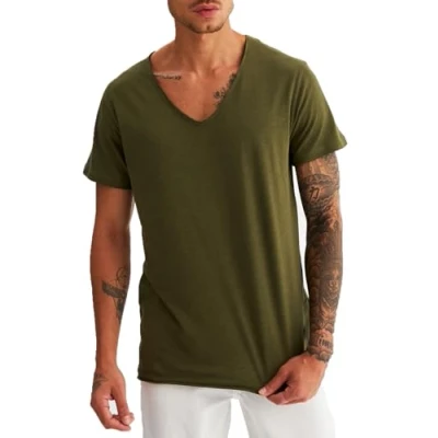 Abbildung von Leif Nelson Herren Sommer T Shirt V Ausschnitt Slim Fit Baumwolle Anteil Moderner Männer Neck Hoodie Sweatshirt Kurzarm lang LN6339 Khaki Small