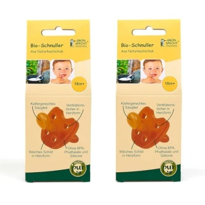 Abbildung von Gruenspecht Bio Schnuller aus Naturkautschuk 18 + Monate // 2er Set, weiche Schild in Herzform, Kieferorthopädische Form