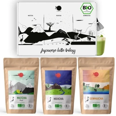 Abbildung von ORIGEENS SET Matcha Latte TRILOGY GESCHENCKSET Tee Bio, Hojicha Genmaicha Pulver 3 * 50g Teepulver für Tea