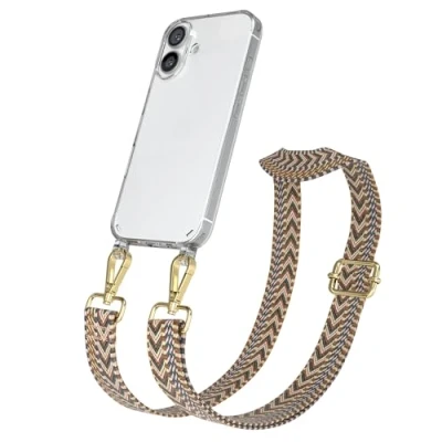 Abbildung von EAZY CASE Handykette mit verstellbarem Trageriemen kompatibel iPhone 16 Taschengurt zum Wechseln transparenter Handyhülle für Apple Hülle dünner Schulterriemen Hell Braun/Braun
