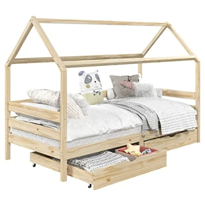 Abbildung von IDIMEX Hausbett CLIA Montessori aus massiver Kiefer, Kinderbett mit Dach, Tipi Bett 2 Schubladen