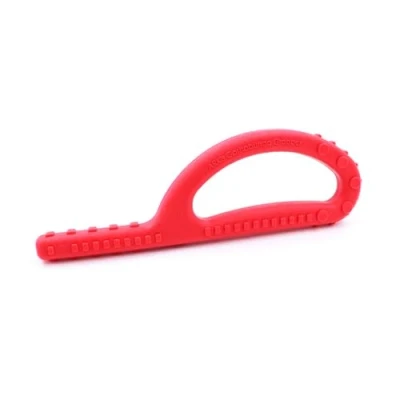 Abbildung von ARK® Grabber Goshabunga in glatt oder texturiert mit einfacher Handhabung für Kinder durch Schlaufenform inkl. ATC Pflegeanleitung Kiefermotorik, Beißblock, Kauen, Zahnen (texturiert, weich, rot)