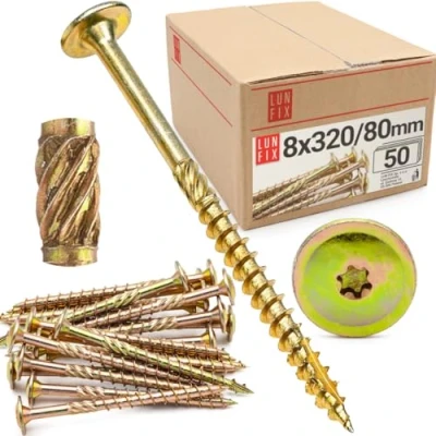 Abbildung von Lun Fix Tellerkopfschrauben 8x320 mm 50 Stück TX40 Tellerkopf/Fräsrippen Gelb Verzinkt Torx Schrauben Holzschrauben Flachkopfschrauben Holz Konstruktionsschrauben