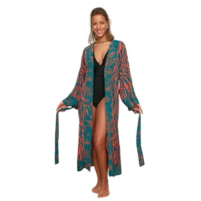 Abbildung von Trendyol Damen Strandmode Entspannt Basic V Ausschnitt Gewebte Kimonos &amp; Kaftans, mehrfarbig, 38