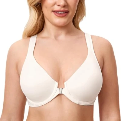 Abbildung von DELIMIRA Damen Vorderverschluss Racerback BH Grosse Grössen Bügel BHS Tiefer Ausschnitt Ungefüttert Vollschalen Elfenbein 90C