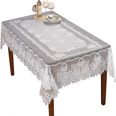 Abbildung von NC AMIPOS weiße Spitzendeckchen mit Häkeln, waschbar, aus Jacquard Polyester, für Hochzeit, Party, Restaurant, Bankett, Picknick Dekoration (Weiß, 152 x 228 cm)