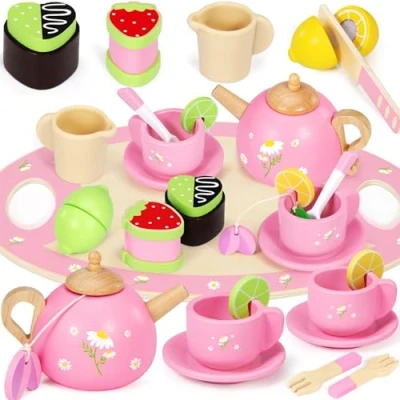 Abbildung von Seagoal Teeservice Kinder Holz, Tee Set Spielküche Rollenspiele Zubehör, Teeparty Küchenzubehör Holzspielzeug, Kindergeschirr Geschenke für Mädchen Jungen
