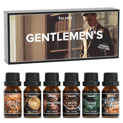 Abbildung von SALKING Männer Ätherische Öle Set, Aromatherapie Duftöl GeschenkSet, 100% Pure Duftöle für Diffuser Duftlampen Luftbefeuchter, 6 x 10 ml (Teakholz, Kaffee, Sandelholz, Zedernholz, Vanille, Rum)