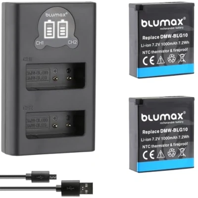 Abbildung von 2X Blumax DMW BLG10e Akku 1000mAh (NTC Temperatursensor &amp; V1 Gehäuse) + Dual LCD Ladegerät kompatibel mit Panasonic Lumix DC TZ95D GX9 TZ202 TZ91 DMC TZ101 TZ81 GF6 GX7 GX80 LX100 G110