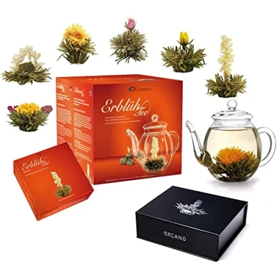 Abbildung von Creano Teeblumen Mix Geschenkset&quot;ErblühTee&quot; mit Glaskanne &amp; 6 Teekugeln Weißtee +Magnetbox weißer Tee, insgesamt 12 ErblühTee in verschiedene Sorten