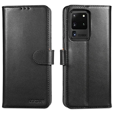 Abbildung von LENSUN Echtleder Hülle für Samsung Galaxy S20 Ultra, Handyhülle [Echtes Leder] [Magnetverschluss] [Kartenfach] Handytasche Lederhülle Ultra 5G Schwarz
