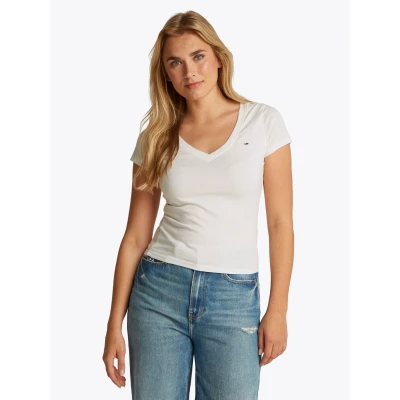 Abbildung von Tommy Jeans SLIM Vneck Tshirt basic, Damen, Größe: 36, Ecru