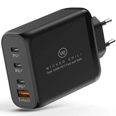 Abbildung von Wicked Chili 100W USB C GaN II Ladegerät 4 Port Fast Charger PD Netzteil mit PPS kompatibel MacBook Pro, iPhone 16, 15, 14, 13 Pro Max Mini &amp; iPad (3X / 1x A, schwarz)
