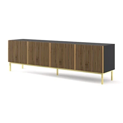 Abbildung von BIM Furniture TV Schrank Ravenna F 200 cm 4D mit gefräster Front Hochwertiges MDF Lowboard Tisch Sideboard Kommode Hi Fi Fernsehtisch Skandinavische (Schwarz Matt/Artisan Eiche)