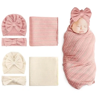 Abbildung von DRESHOW Baby Pucktuch Decke Neugeborenen Swaddle Pucksack mit Bogen Mütze Stirnband