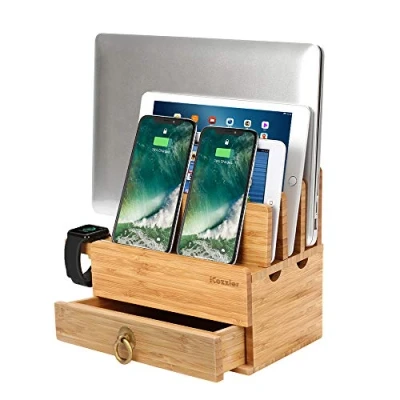 Abbildung von iCozzier 4 Slots Abnehmbarer Bambus Uhrenständer Mit Schublade Ladestation für mehrere Geräte Dock iWatch, Smartphones, Tablets, Laptops