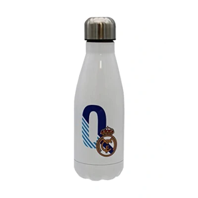 Abbildung von Real Madrid Wasserflasche aus Edelstahl, luftdicht, mit Buchstabe O in Blau, 550 ml, Weiß, offizielles Produkt (CyP Brands)