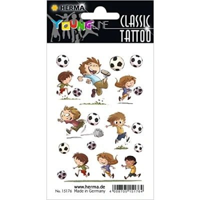 Abbildung von HERMA 15176 Temporäre Tattoos Fußball, 12 Stück, Klebetattoos zum Aufkleben, Fake Aufkleber mit Fussball Motiv, Kindertattoos Sticker für Geburtstag Fasching Karneval Kinder Erwachsene