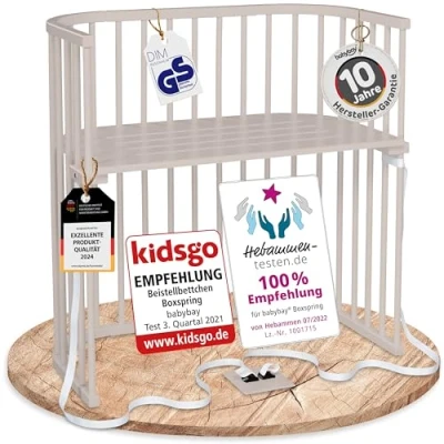 Abbildung von babybay Boxspring Beistellbett aus massivem Buchenholz/Kinderbett Höhe stufenlos verstellbar &amp; umweltfreundlich/mitwachsendes Babybett (beige lackiert)