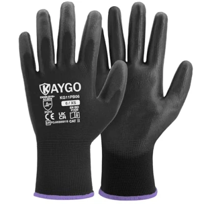 Abbildung von KAYGO 12 Paar Arbeitshandschuhe für Herren Damen, PU beschichtet Schutzhandschuhe, antirutsch Griff an Handflächen und Fingern, Geeignet DIY allgemeine Arbeit Gartenarbeit (Schwarz, XS, Gr 6)