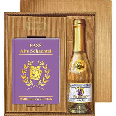 Abbildung von AV Andrea Verlag Willkommen im Club der Alten Schachtel, ultimative Pass für alte Schachteln mit Piccolo Sekt 22 Karat Blattgold 0,2 l 10% vol. Geschenke Set