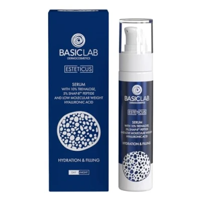 Abbildung von BasicLab Dermocosmetics Gesichtsserum mit Trehalose 50 ml für Frauen und Männer, geeignet den Einsatz Tag Nacht. Feuchtigkeitsspendend, aufbauend, regeneriert Falten.