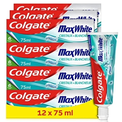 Abbildung von Colgate Zahnpasta Max White, weiße Kristalle, Weißer Zahnpasta, recycelbare Tube, 12 Tuben mit 75 ml