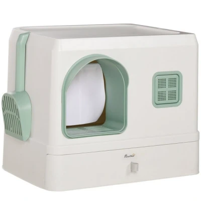 Abbildung von PawHut Katzentoilette Katzenklo mit Schaufel, Schublade, Deodorant, ABS, PP, Weiß+Grün, BxLxH: 40x50x40 cm