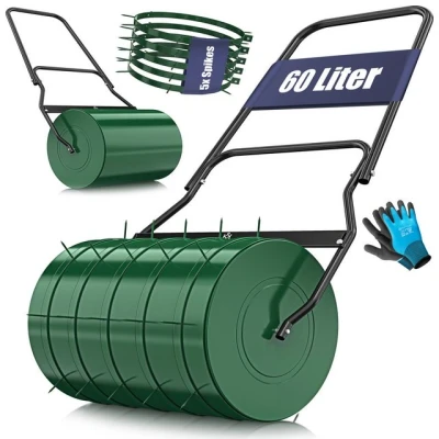 Abbildung von KESSER® Rasenwalze Metall befüllbar mit Wasser oder Sand 60 Liter Füllvolumen &amp; 50cm breit Gartenwalze inklusive 5X Spikes Handschuhe Handwalze Rasenroller Ackerwalze Walze in Grün