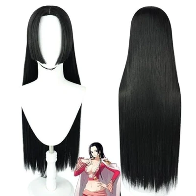 Abbildung von Anime One Piece Boa Hancock Cosplay Perücke Lange Gerade Schwarzes Haar Halloween Party