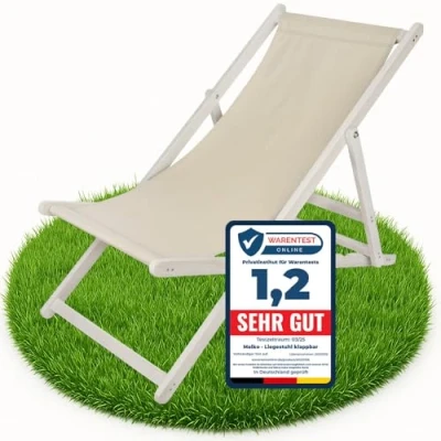 Abbildung von Melko Liegestuhl klappbar Strandstuhl aus Holz Weiß/Beige Holzliege Garten Faltliege Gartenliege