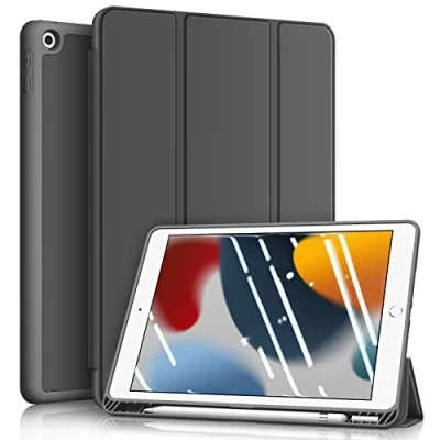 Abbildung von Fintie Hülle für iPad 9. Generation 2021/8. Gen 2020/7. 2019 10.2 Zoll Superleicht Soft TPU Rückseite Abdeckung Schutzhülle mit eingebautem Pencil Halter, Auto Sleep/Wake, Himmelgrau