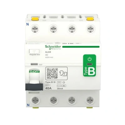 Abbildung von Schneider Electric A9Z61440 Fehlerstrom Schutzschalter (FI) Allstromsensitiv Acti9 iID, 4 polig, 40A, 30mA, Typ B SI