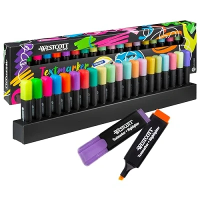 Abbildung von Westcott Textmarker Tischset 20 Stück in Neon und Pastell 20er Pack Highlighter Marker mit Organisationssystem 2 5 mm Strichstärke Premium Tinte aus Deutschland E 744250 00