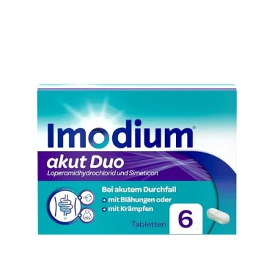 Abbildung von Imodium® akut Duo Unsere Kompletthilfe bei akutem Durchfall Lindert zusätzlich Blähungen oder Krämpfe 6 Tabletten