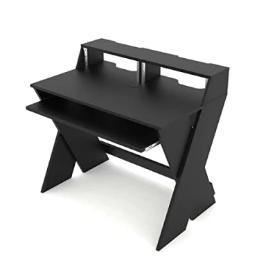 Abbildung von Glorious Sound Desk Compact Black Kompakte Studio Workstation im smarten Design mit großer Arbeitsfläche, ausziehbarem Keyboard Fach, 2 x 3 HE Racks und Kabelkanal Inneren