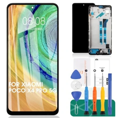 Abbildung von SRJTEK für Xiaomi Poco X4 Pro 5G LCD Display Bildschirm Ersatz 2201116PG Touch Digitizer Montage Reparatur Sets (schwarz, mit Rahmen)
